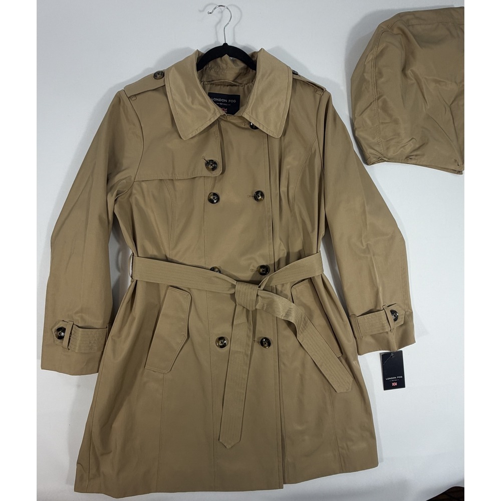 London Fog Trench Coat Women XL Khaki Removable Hood Belted Double Breasted